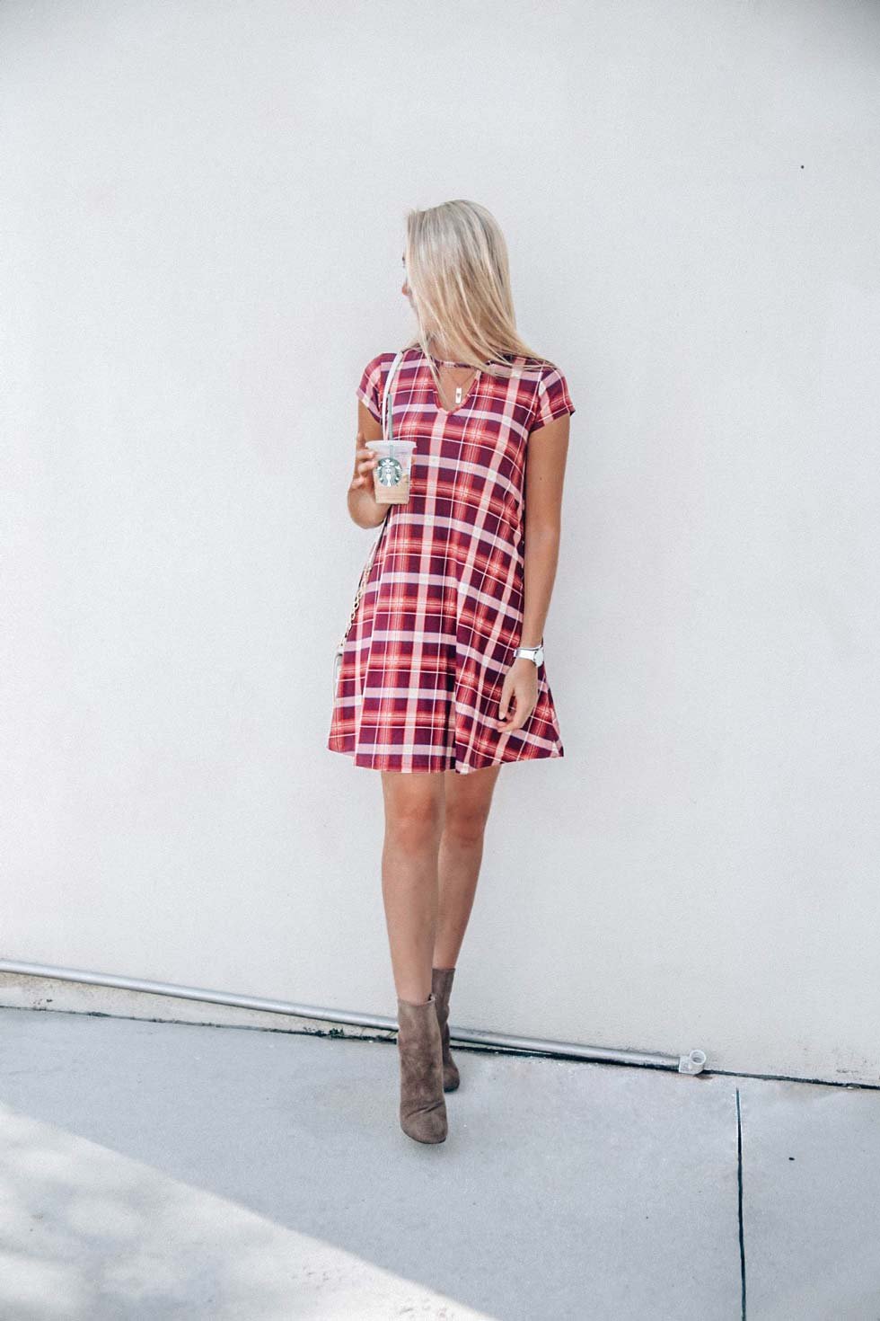 Plaid Keyhole Swing Dress